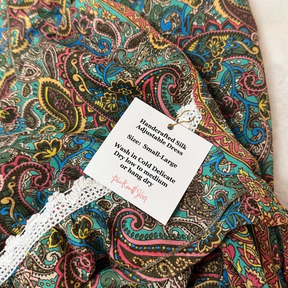 Pink and Silver Gypsy Bohemian Asymmetrical Layered Midi Dress w/ Crochet Trim - Picture 10 of 16